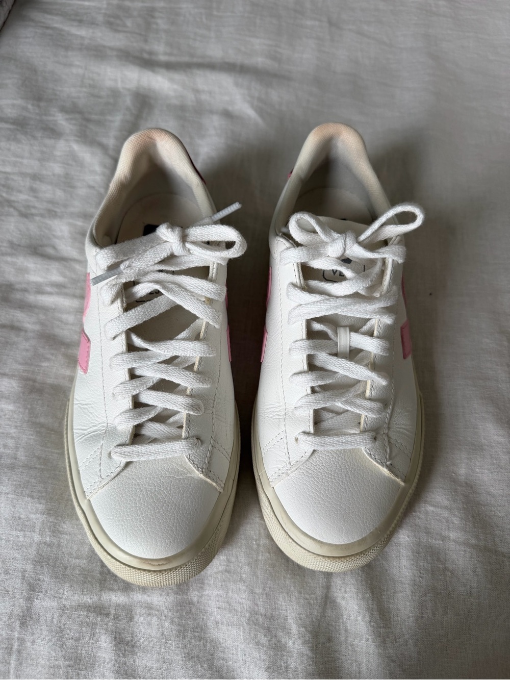 Veja White Sneakers with Pink V Logo